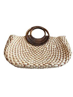 Etienne Aigner Vintage Retro Straw Purse Handbag Wood Handle Tote Large Rare